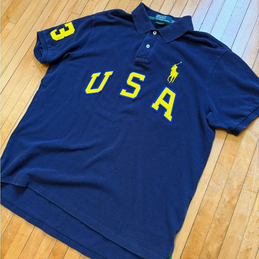 VTG Y2K Polo Ralph Lauren USA Big Pony Rugby Navy Men’s Polo Custom Fit Sz. XL - Picture 2 of 7